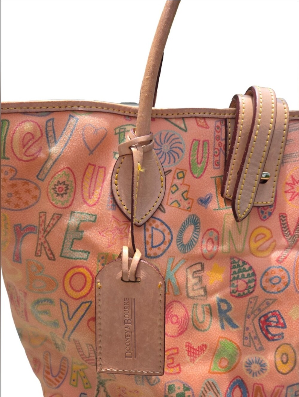 745- Dooney & Bourke Pink Multicolor Logo Tote with Tan Trim